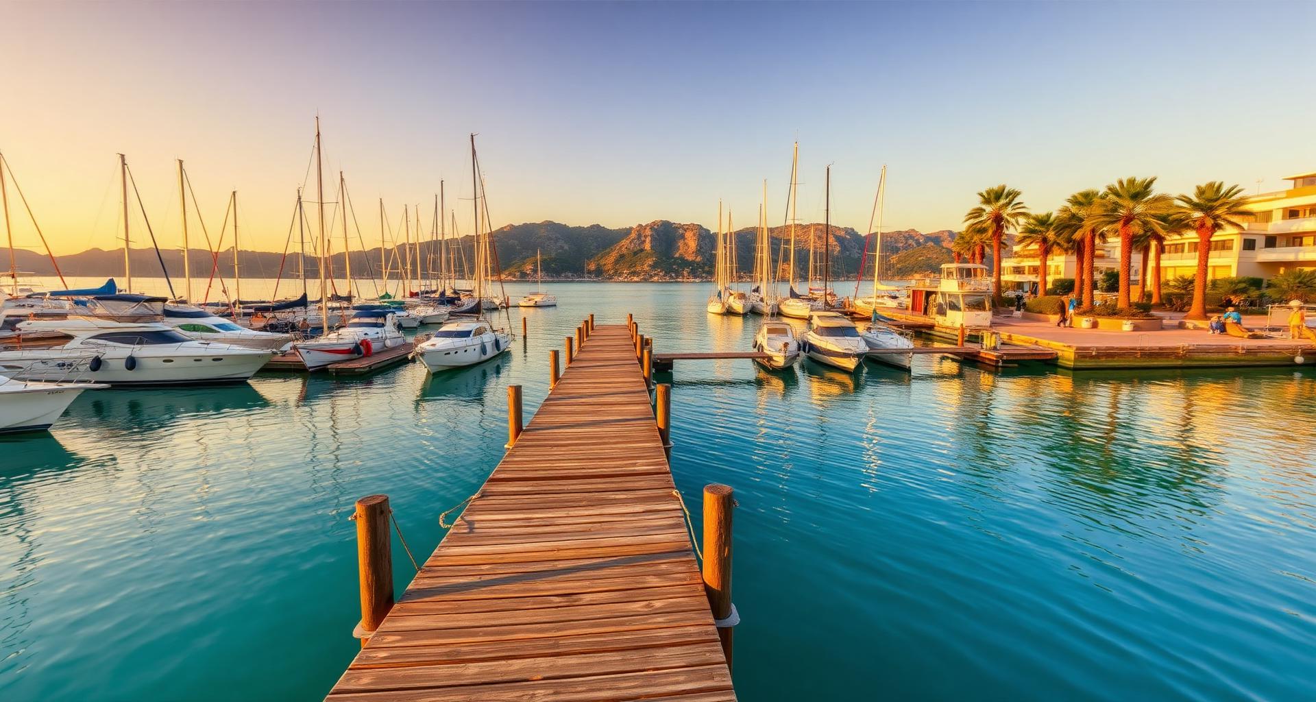 Steuerrad einer Yacht im Hafen von Santa Ponsa bei goldenem Abendlicht